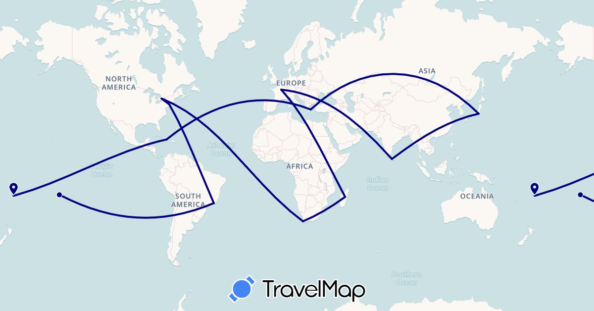 TravelMap itinerary: driving in Brazil, Canada, Cuba, Fiji, France, Greece, Japan, Sri Lanka, Madagascar, United States, South Africa (Africa, Asia, Europe, North America, Oceania, South America)